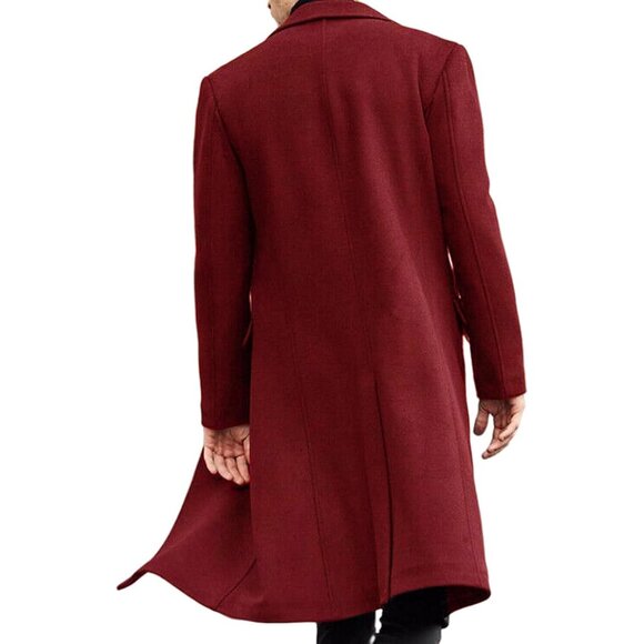 ✨Men Red Casual Trench Coat Slim Fit Notched Collar Long Jacket Pea Overcoat - Picture 2 of 6